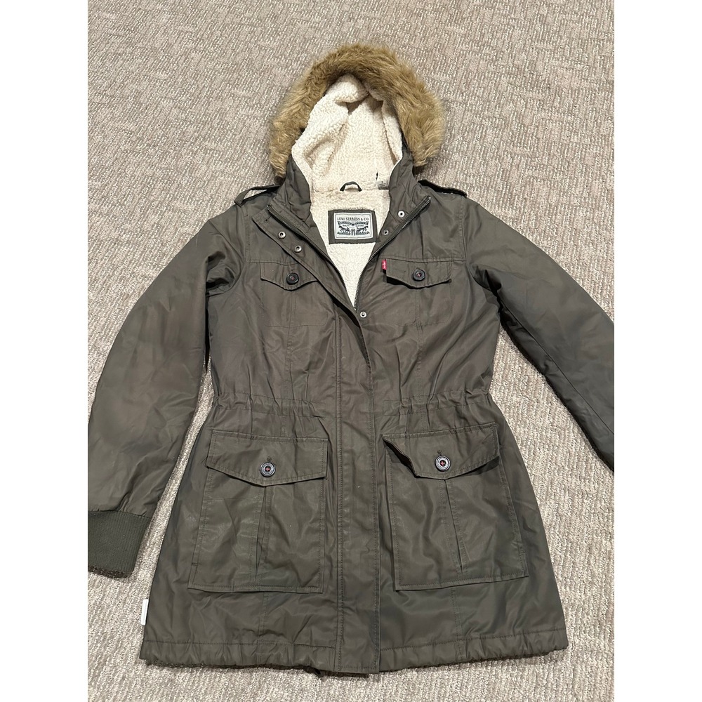 Y2K Levis Womens Sherpa Lined Utility Parka Jacket Olive Green Faux Fur Small